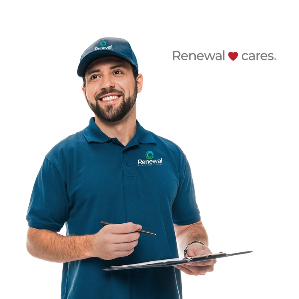 A smiling Renewal employee holds a clipboard at the ready to assist a customer with water damage cleanup.