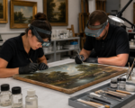 Two restoration experts work on a painting.